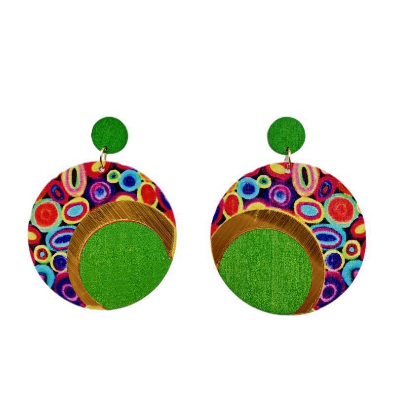 Wooden Printed Round Color Large Earrings