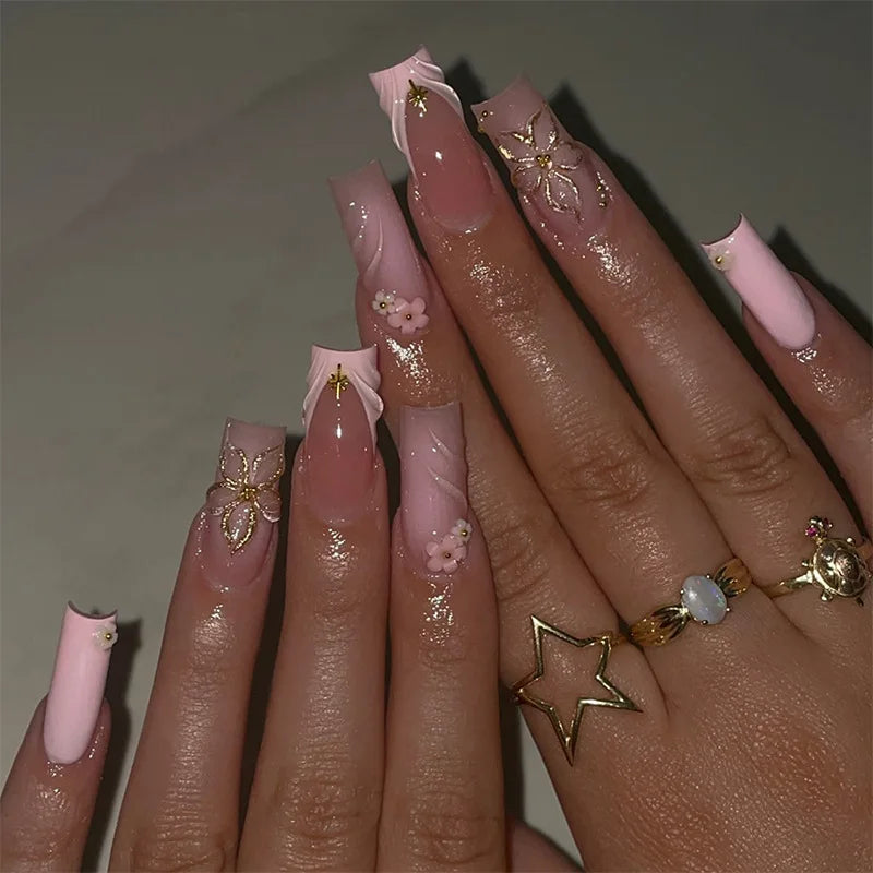 24Pcs Nude Color Fake Nails White French Tips Almond Press On Nails Flower Designs Korean Style DIY Manicure Artificial Nails