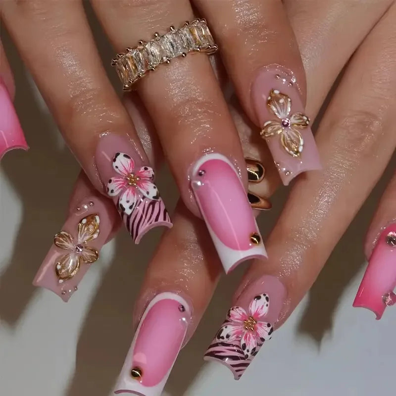 Sweet Medium Square False Nails with Glue Blush Pink Flowers Fake Nails Press on Nails