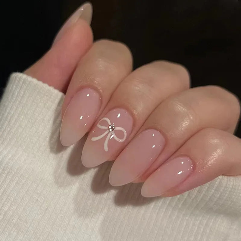 24Pcs Almond-Shaped Press-On Nails With Cute Strawberry Heart Design Medium Length Pearlescent Finish Mixed Shades False Nails