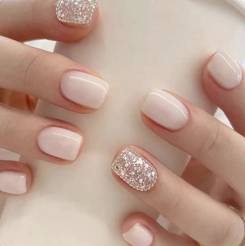Naked Pink French White Side False Nails Short Simple Nail Beauty Press on Nails