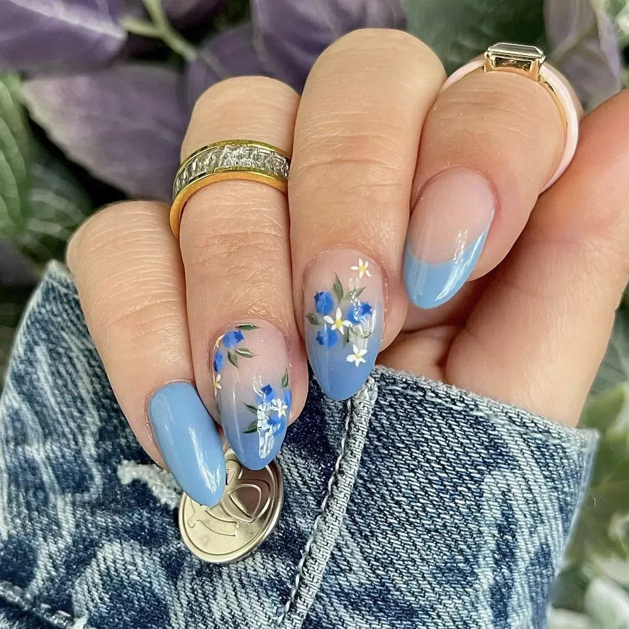 Flowers Gold Glitter Powder Edge White French Nail Art Fashion Wearable Fake Nail Detachable Finished False Nails Press on Nails