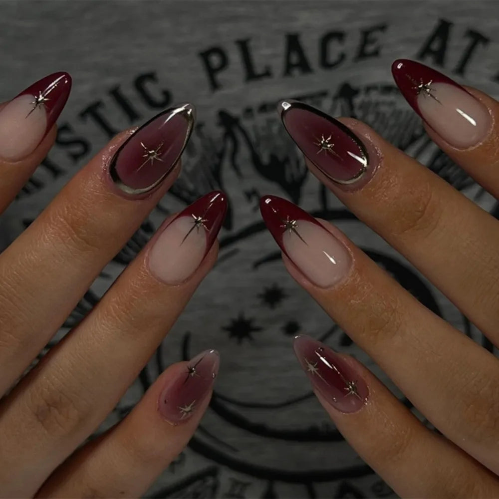24pcs Manicure Long Almond False Nails French Simple Press on Nails Cherry Color Detachable Fake Nials DIY