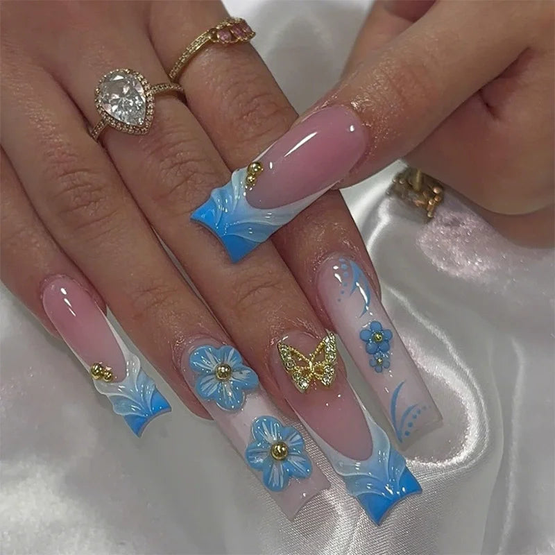 Sweet Medium Square False Nails with Glue Blush Pink Flowers Fake Nails Press on Nails