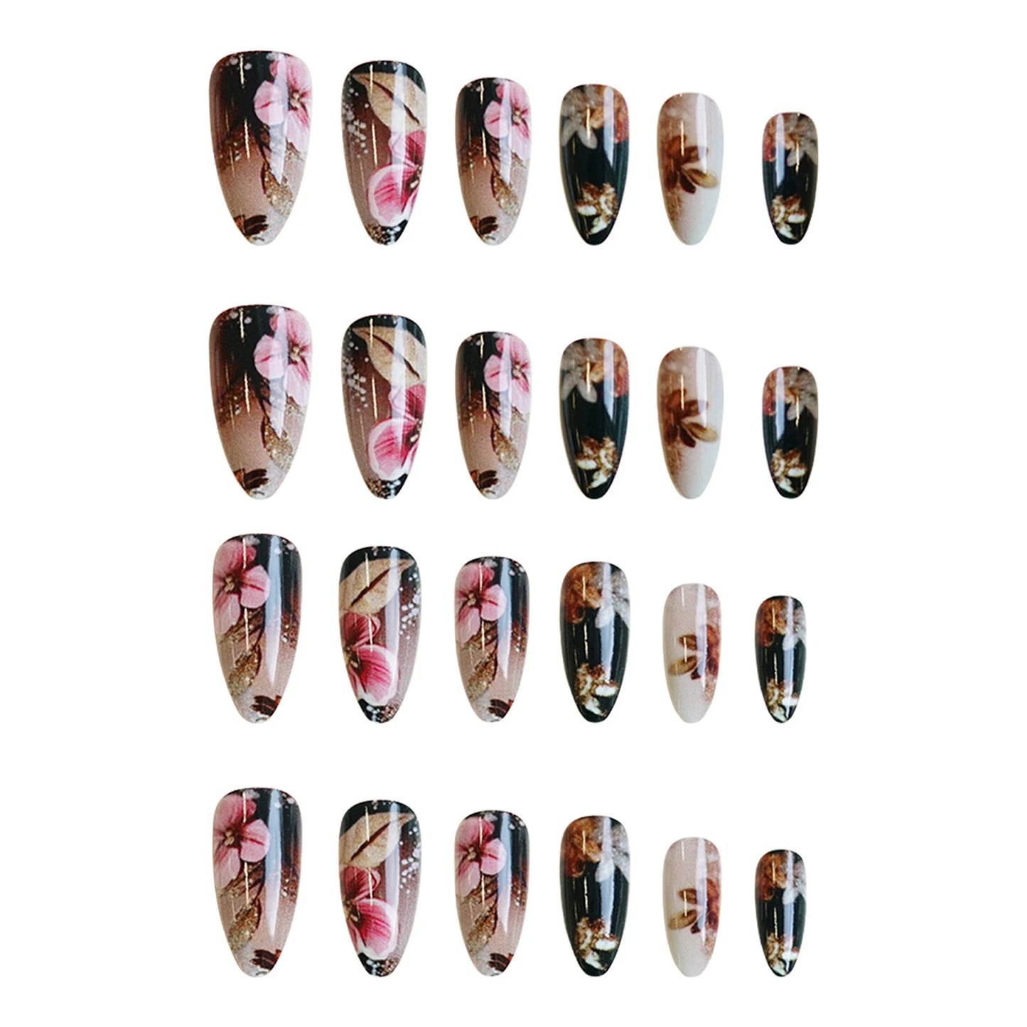 24pcs Gold Leaf Flowers Fake Nails Press On Nails With Black Gradient Design Almond Glitter Reusable Adhesive False Nails Decor
