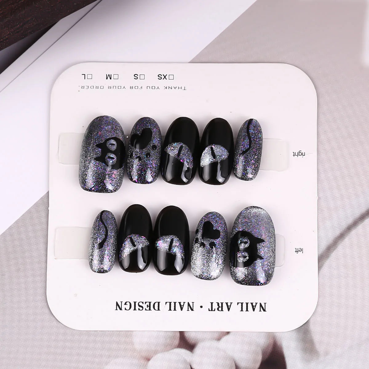 Handmade Press on Nails Gothic Punk Black Hand-painted Fake Nails Full Cover Wearable European Mid-length Coffin False Nails