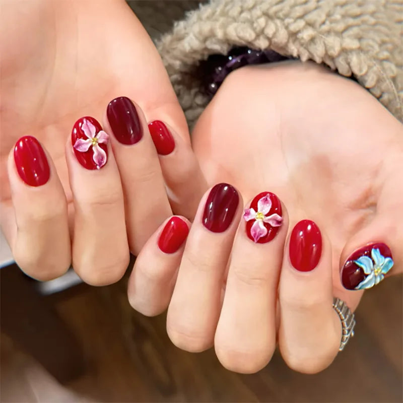 Simple Almond Nails Tips Fresh Colorful Flower Design False Nails Wearable Oval Fake Nail Short Full Cover Press on Nails