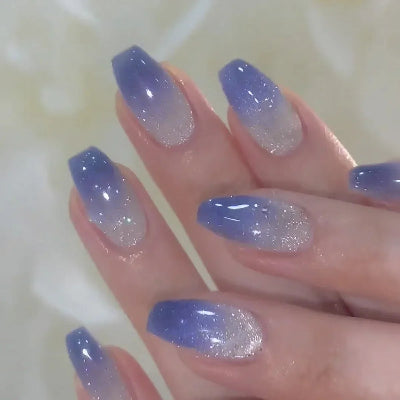 Purple Cat Eye Fake Nails Square Head French Ballet Nails Short Press on Nails
