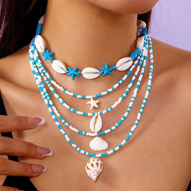 Multi-Layer Summer Starfish Shell Conch Bead Necklace Set - 5-Piece Beach Jewelry USA