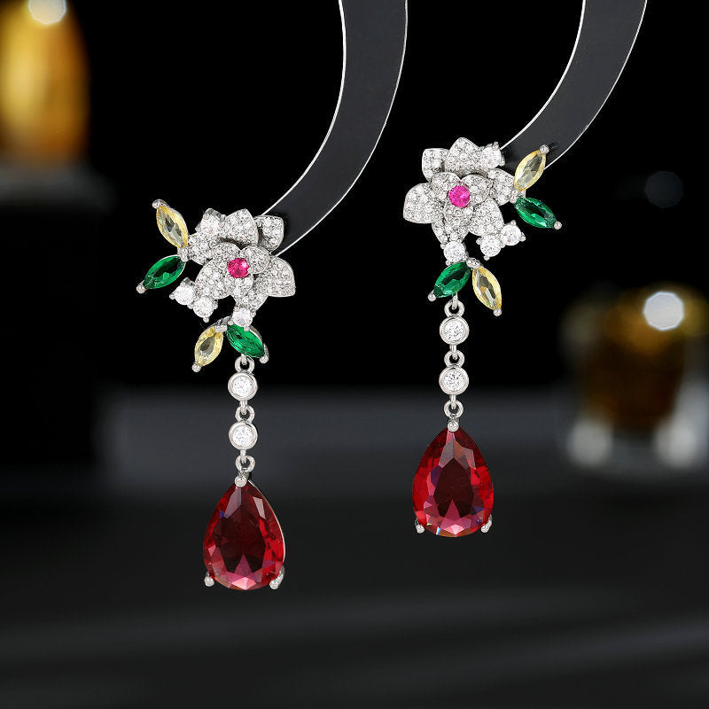 Flower Zircon Camellia Tassel Earrings - Sterling Silver Luxury Water Drop