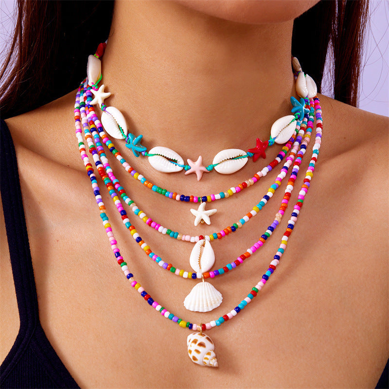 Multi-Layer Summer Starfish Shell Conch Bead Necklace Set - 5-Piece Beach Jewelry USA
