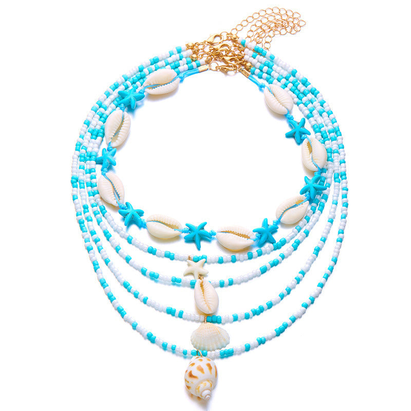 Multi-Layer Summer Starfish Shell Conch Bead Necklace Set - 5-Piece Beach Jewelry USA