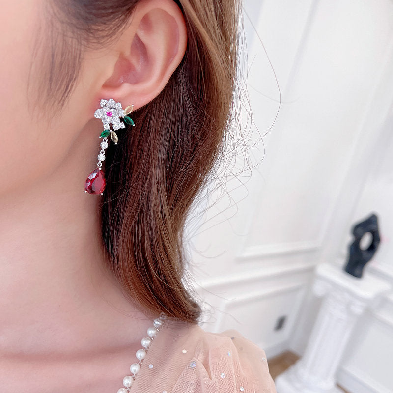 Flower Zircon Camellia Tassel Earrings - Sterling Silver Luxury Water Drop