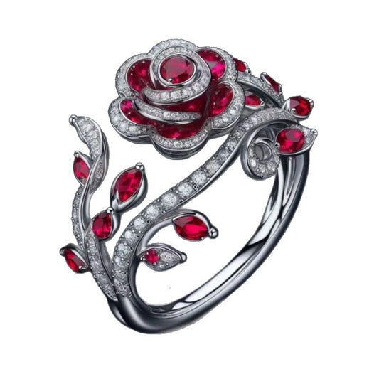 Leaves Flowers Red Zircon Ring - Winding Interwoven Gold Plated Botanical