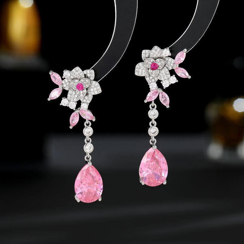 Flower Zircon Camellia Tassel Earrings - Sterling Silver Luxury Water Drop