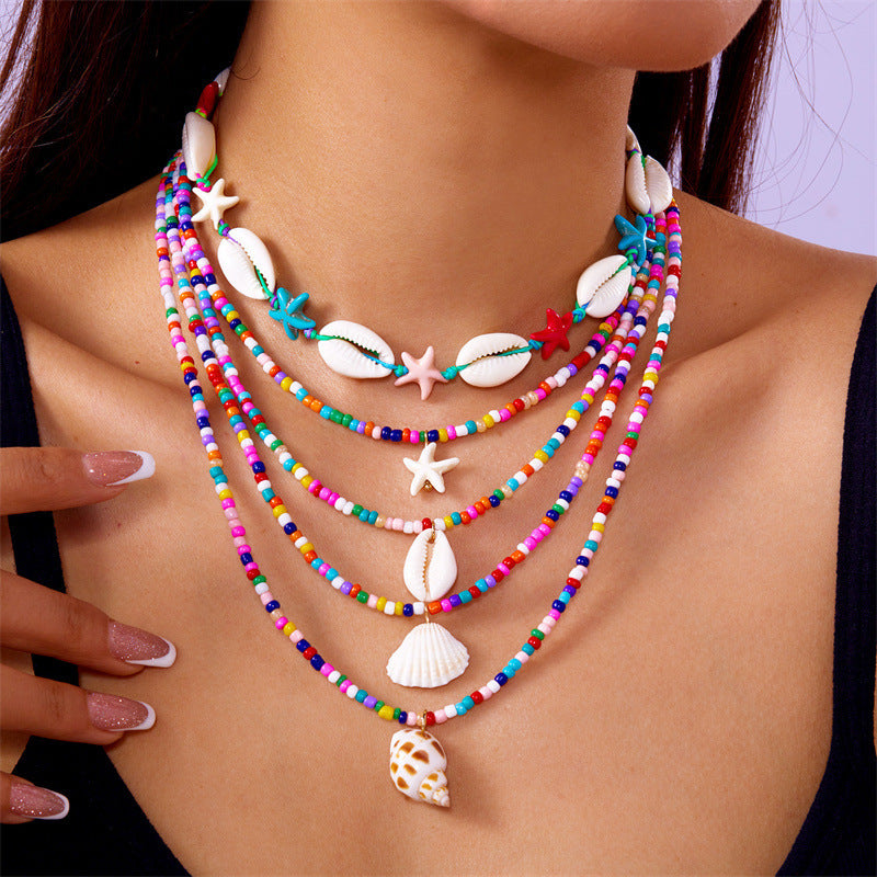 Multi-Layer Summer Starfish Shell Conch Bead Necklace Set - 5-Piece Beach Jewelry USA