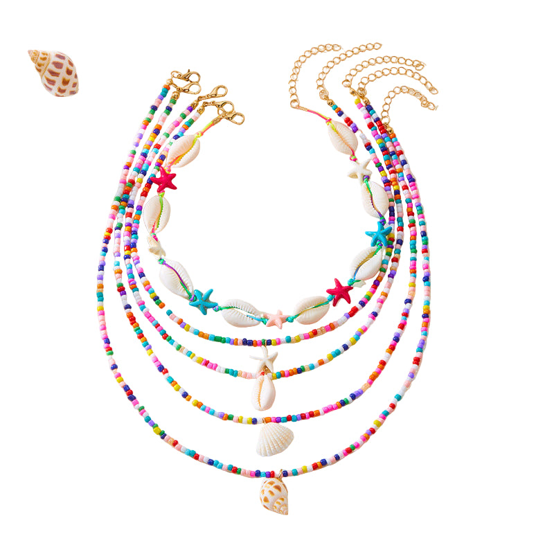 Multi-Layer Summer Starfish Shell Conch Bead Necklace Set - 5-Piece Beach Jewelry USA