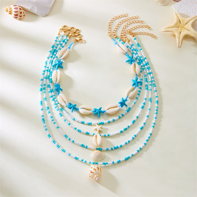 Multi-Layer Summer Starfish Shell Conch Bead Necklace Set - 5-Piece Beach Jewelry USA