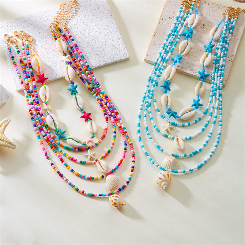 Multi-Layer Summer Starfish Shell Conch Bead Necklace Set - 5-Piece Beach Jewelry USA