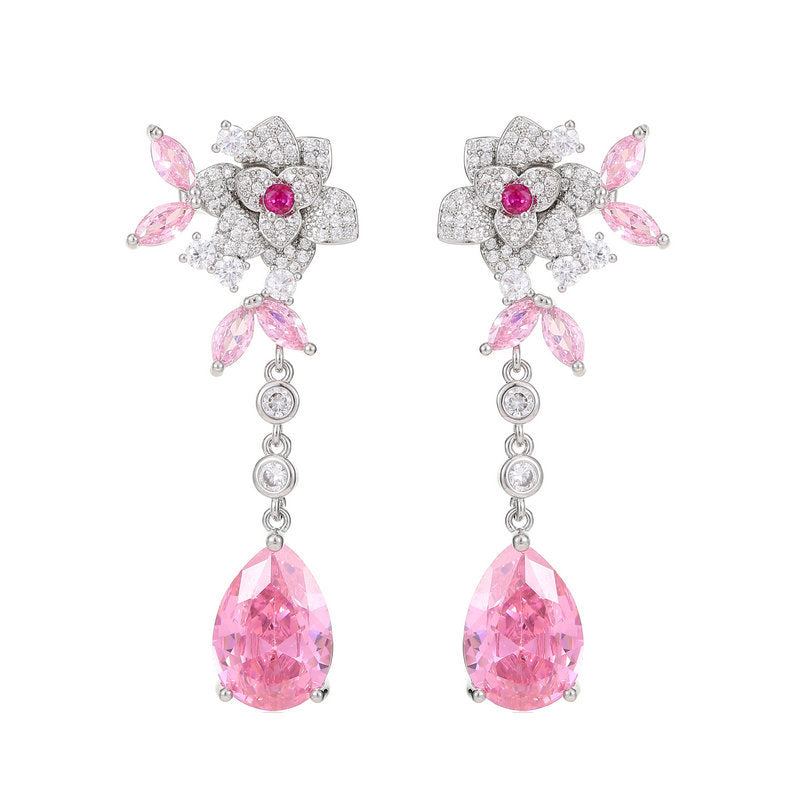 Flower Zircon Camellia Tassel Earrings - Sterling Silver Luxury Water Drop