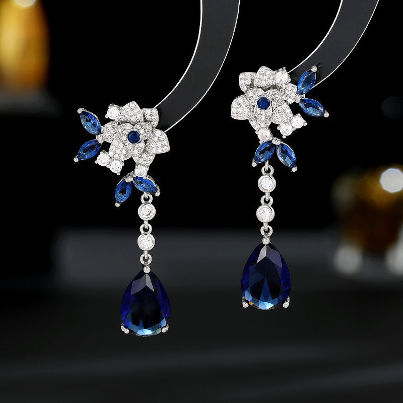 Flower Zircon Camellia Tassel Earrings - Sterling Silver Luxury Water Drop