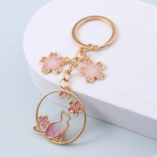 Oil Dripping Cartoon Black Cat Wreath Cherry Blossom Keychain