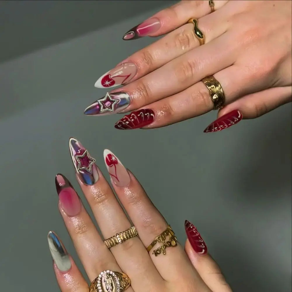 24pcs Manicure Long Almond False Nails French Simple Press on Nails Cherry Color Detachable Fake Nials DIY