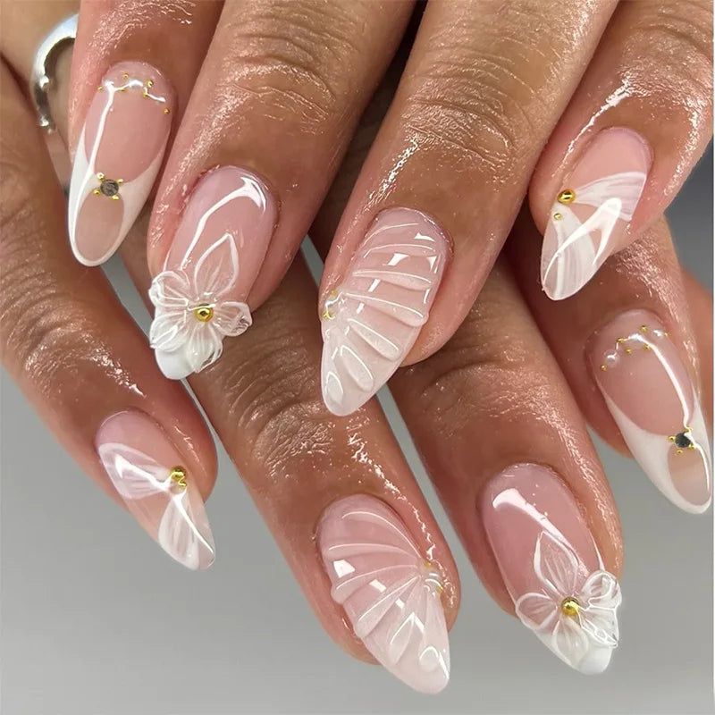 24Pcs Nude Color Fake Nails White French Tips Almond Press On Nails Flower Designs Korean Style DIY Manicure Artificial Nails