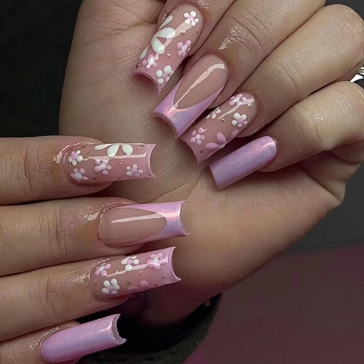 Sweet Medium Square False Nails with Glue Blush Pink Flowers Fake Nails Press on Nails
