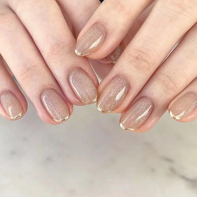 24pcs Glitter Short Almond False Nails Pink Aurora Ellipse Fake Nails Press on Nails DIY Manicure Detachable Full Cover Nail Tip