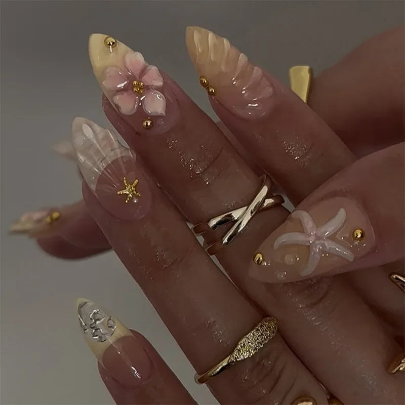 Summer Almond Fake Nails Colorful 3D Flower Seashell Designs Press on Nail