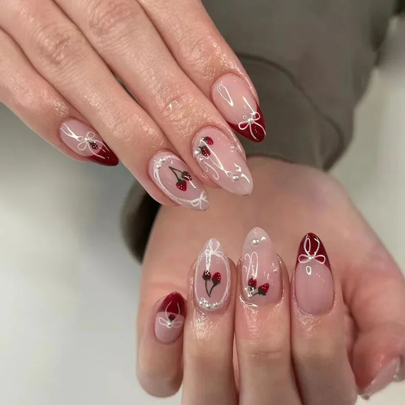 24Pcs Almond-Shaped Press-On Nails With Cute Strawberry Heart Design Medium Length Pearlescent Finish Mixed Shades False Nails