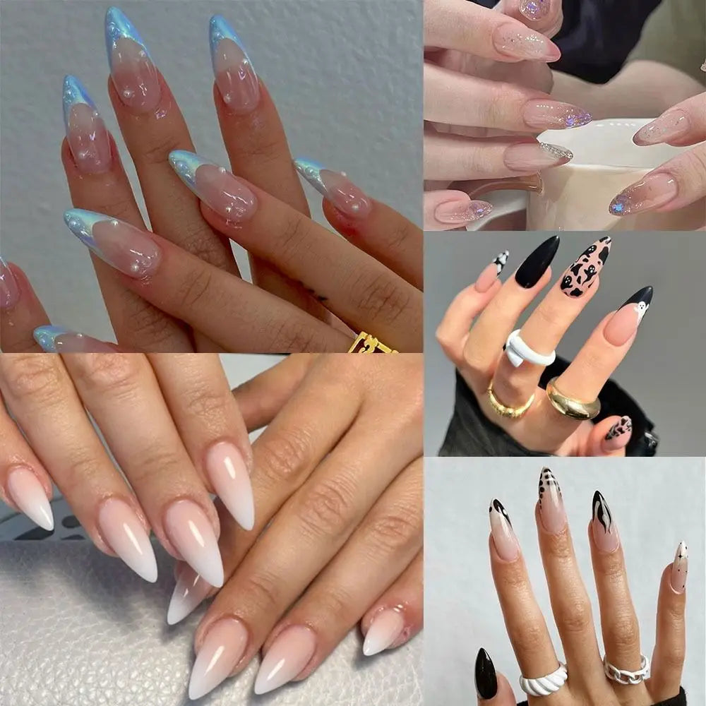 24Pcs Long Almond False Nails Various Styles French Press On Nails Newest Fake Nails DIY Manicure Detachable Nail Tips