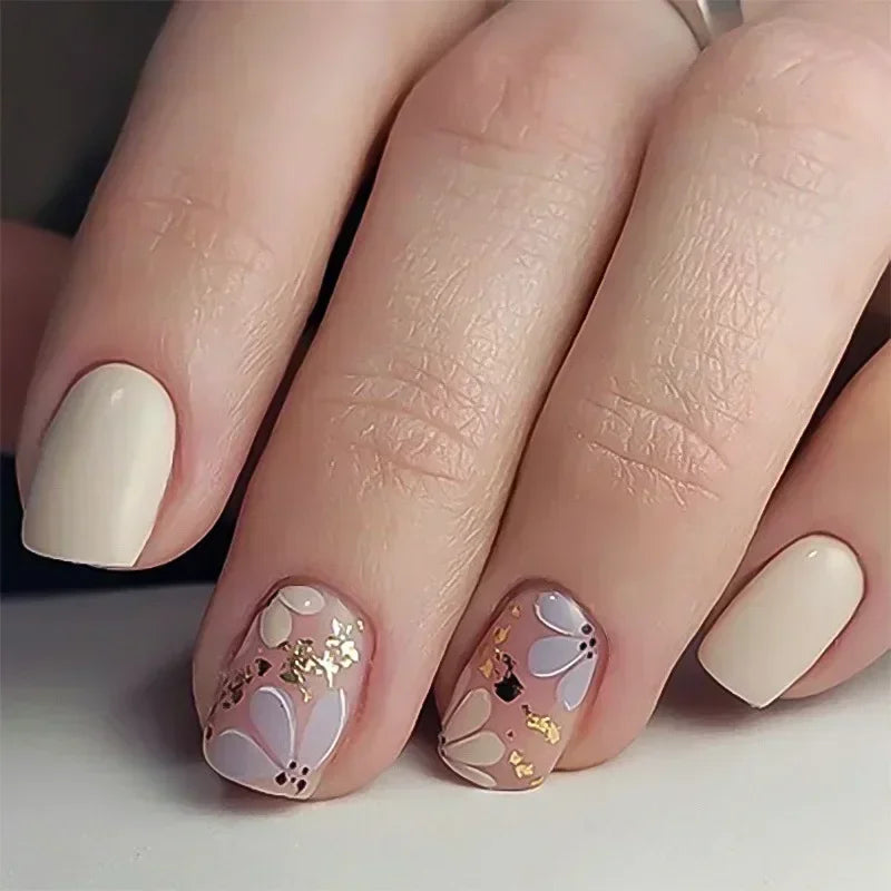 Flowers Gold Glitter Powder Edge White French Nail Art Fashion Wearable Fake Nail Detachable Finished False Nails Press on Nails