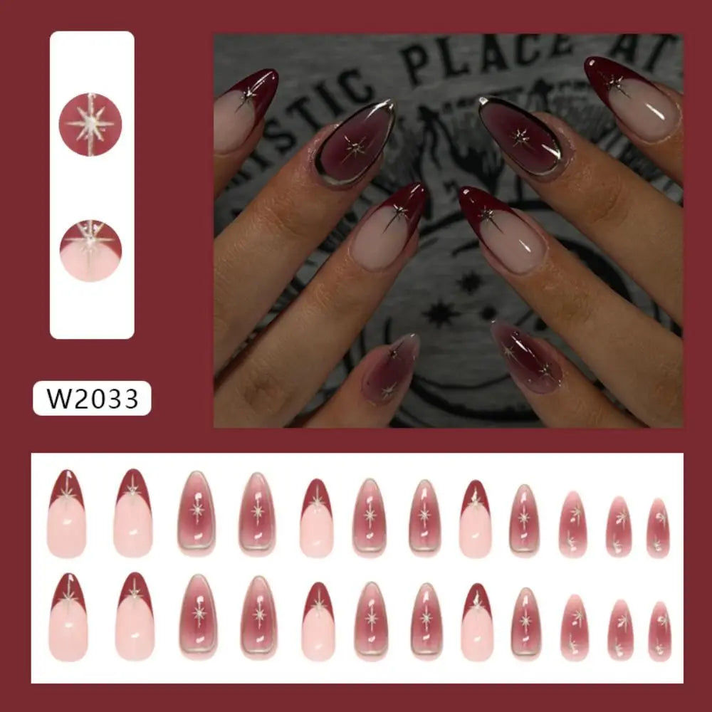 24pcs Manicure Long Almond False Nails French Simple Press on Nails Cherry Color Detachable Fake Nials DIY
