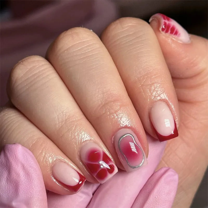 Sweet Medium Square False Nails with Glue Blush Pink Flowers Fake Nails Press on Nails