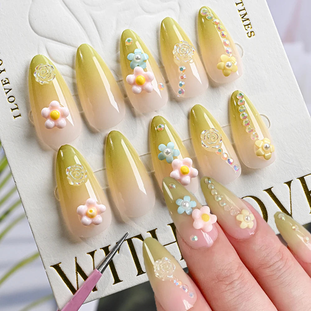24Pcs/set 3D French Green Gradient Press on Nails Long Alomnd Reusable Adhesive False Nails Artifical Acrylic Full Cover Nail Ti