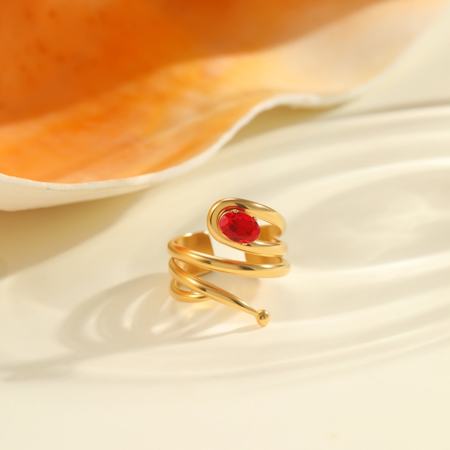 Red Zircon Ring - Titanium Steel Open-end Bold Geometric Design