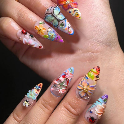 Simple Almond Nails Tips Fresh Colorful Flower Design False Nails Wearable Oval Fake Nail Short Full Cover Press on Nails