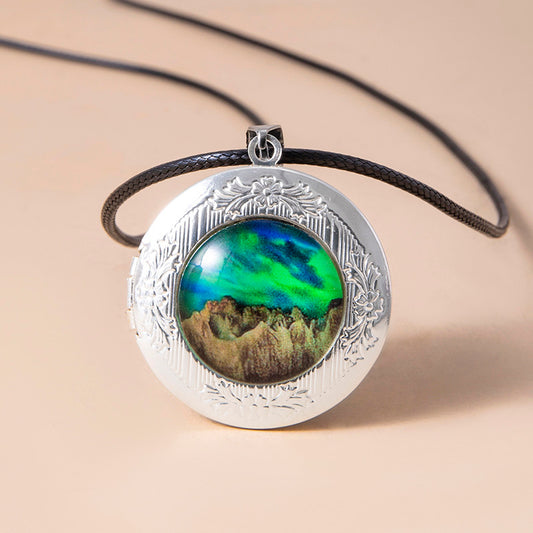 Nebula Aurora Mountain Locket Necklace Vintage Glass