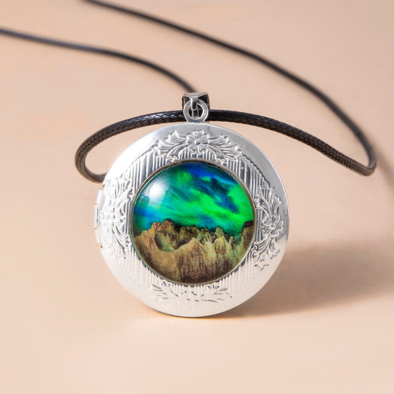 Nebula Aurora Mountain Locket Necklace Vintage Glass