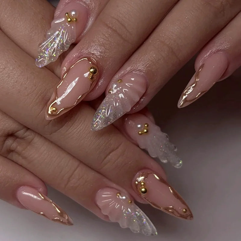 24Pcs Almond False Nails Dreamy 3D Shell Fake Nails Golden Chrome Powder Nail Pearl Butterfly Flower Press on Nails Sweet Cool