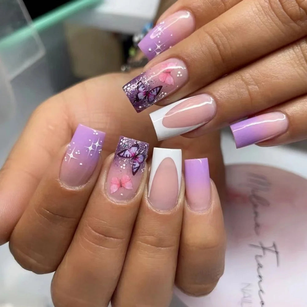 Purple Nails Press on Glitter