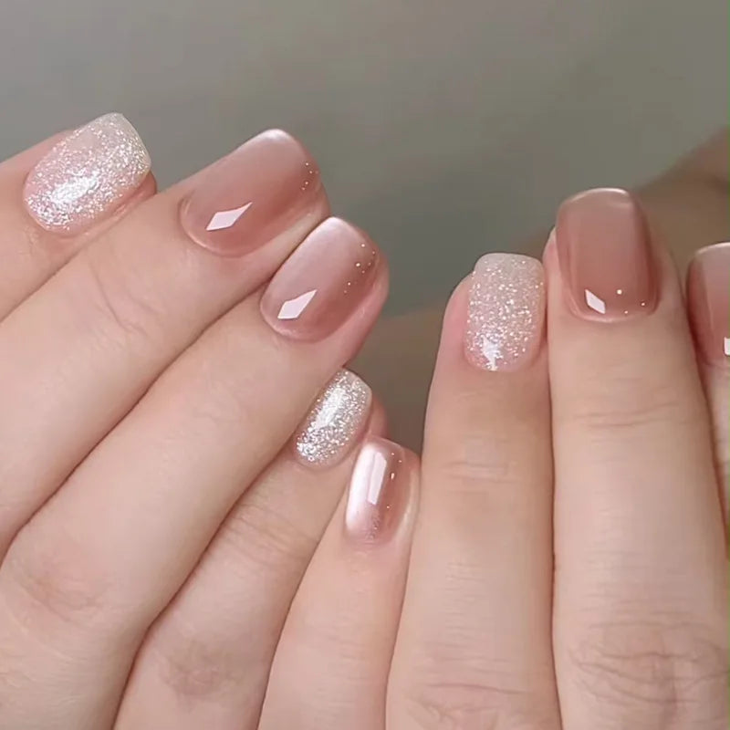 24Pcs/30Pcs Short Square Ballet False Nails Full Cover Glitter Cat Eye Press on Nail Wearable Fashion Nail Patch with Jelly Glue