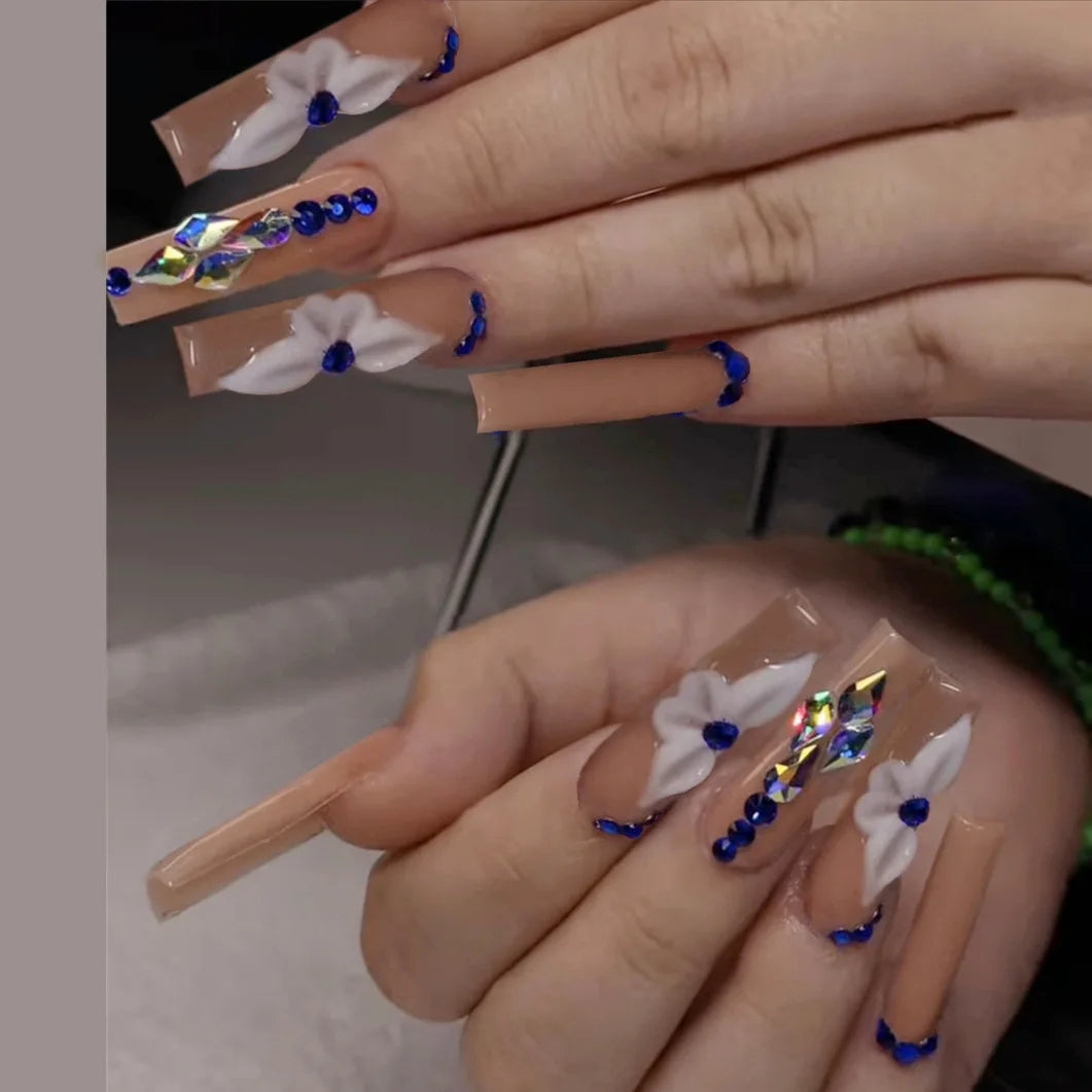 Sweet Medium Square False Nails with Glue Blush Pink Flowers Fake Nails Press on Nails
