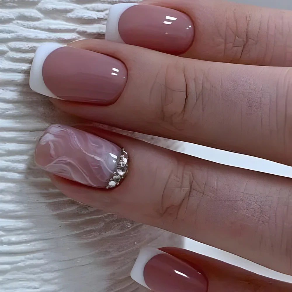 24Pcs Short French Wearable Fake Nails with Glue Simple Stripe Nail Art Full Cover Ballerina Fashion Press on Nail Manicure Tips