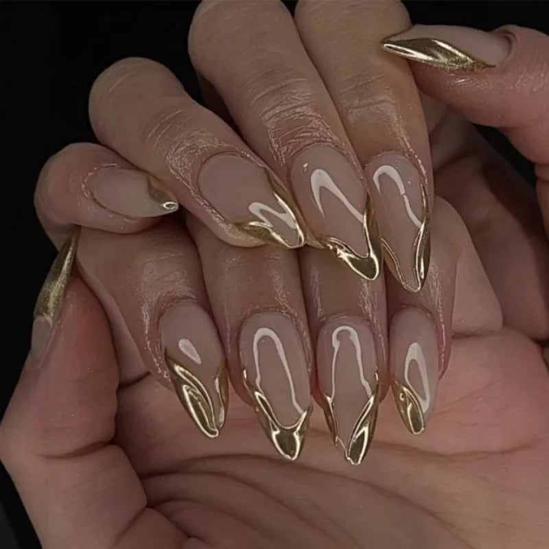 24pcs Simple Green French Fake Nails Finished Fashion Flower Design Almond False Nail Tips Reusable Long Oval Press on Nails Set