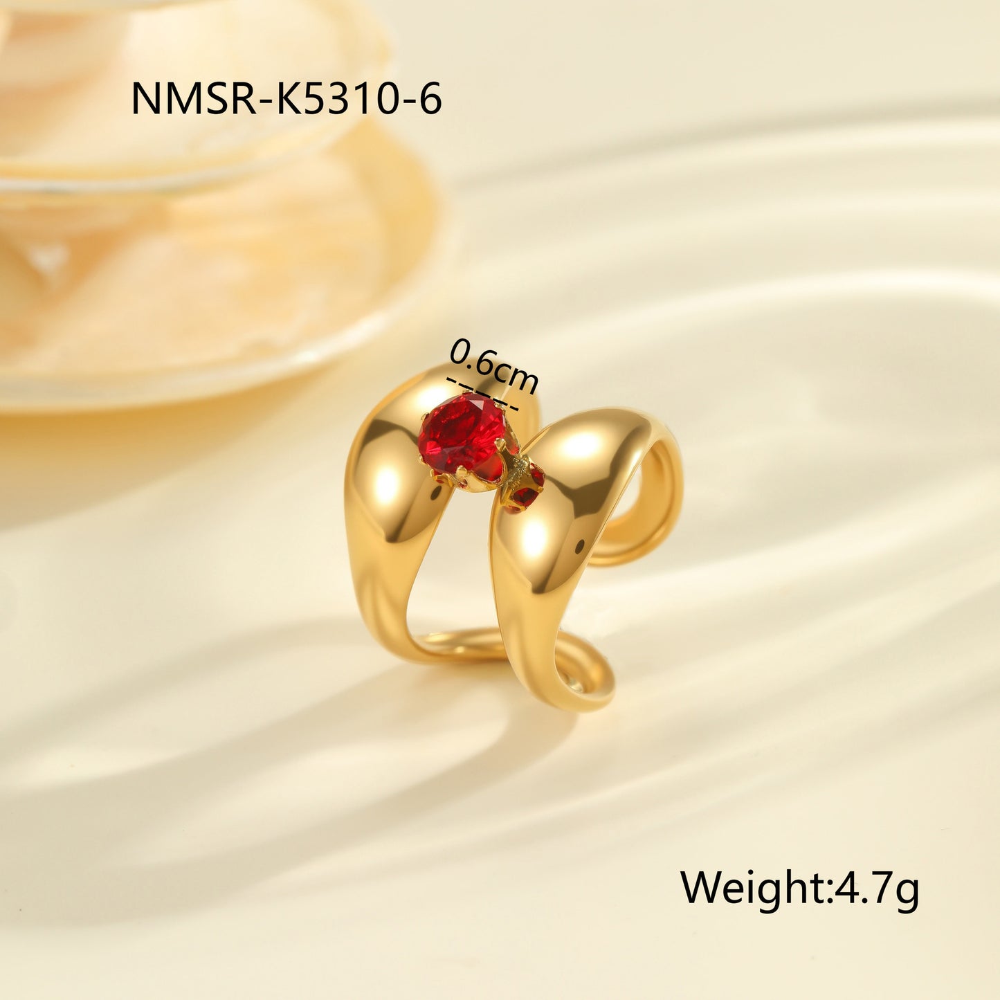 Red Zircon Ring - Titanium Steel Open-end Bold Geometric Design