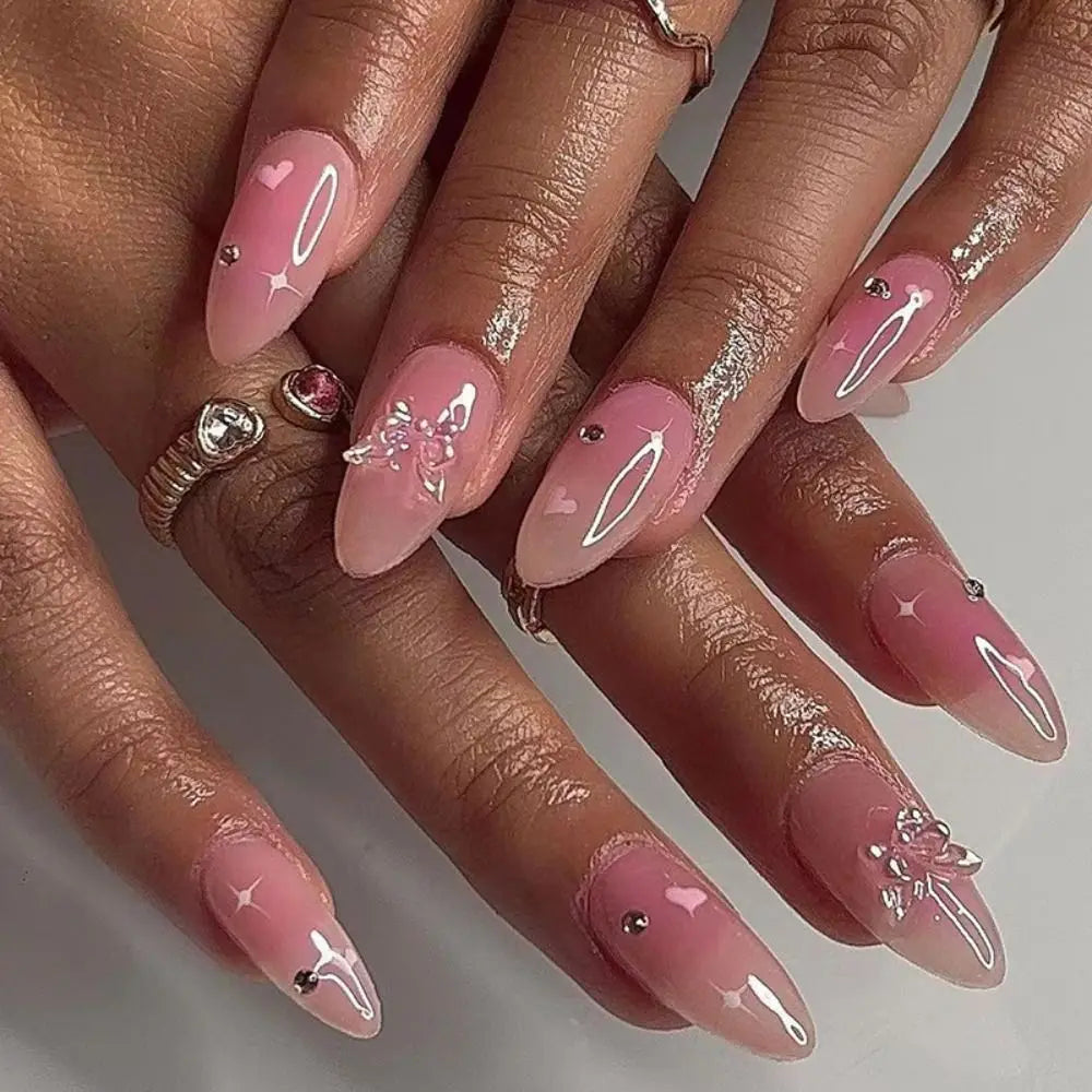 24Pcs Long Almond False Nails Various Styles French Press On Nails Newest Fake Nails DIY Manicure Detachable Nail Tips