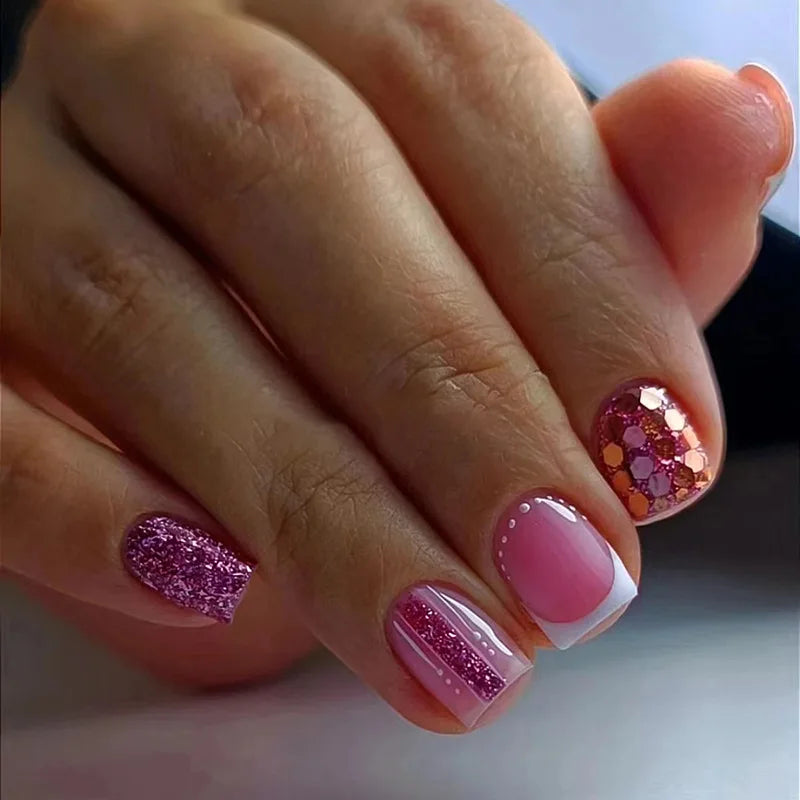 Round False Nails Green Red Wave French Tips Press on Nails
